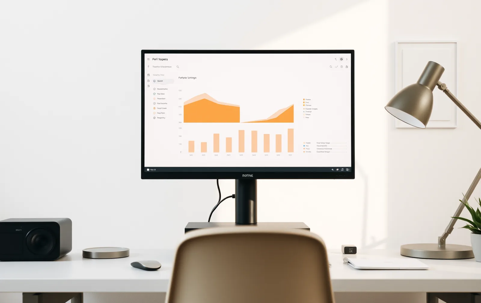 A desk monitor showing charts and a dashboard, beside a reading lamp.