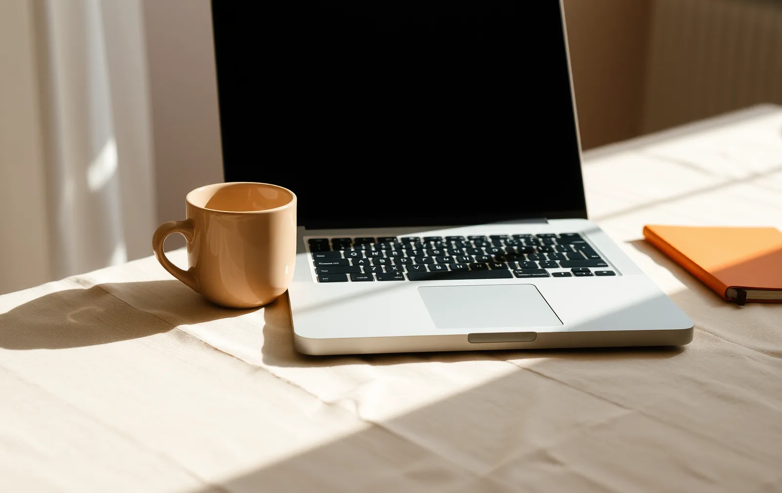 A laptop with a blank screen beside a coffee mug and notebook in morning light.