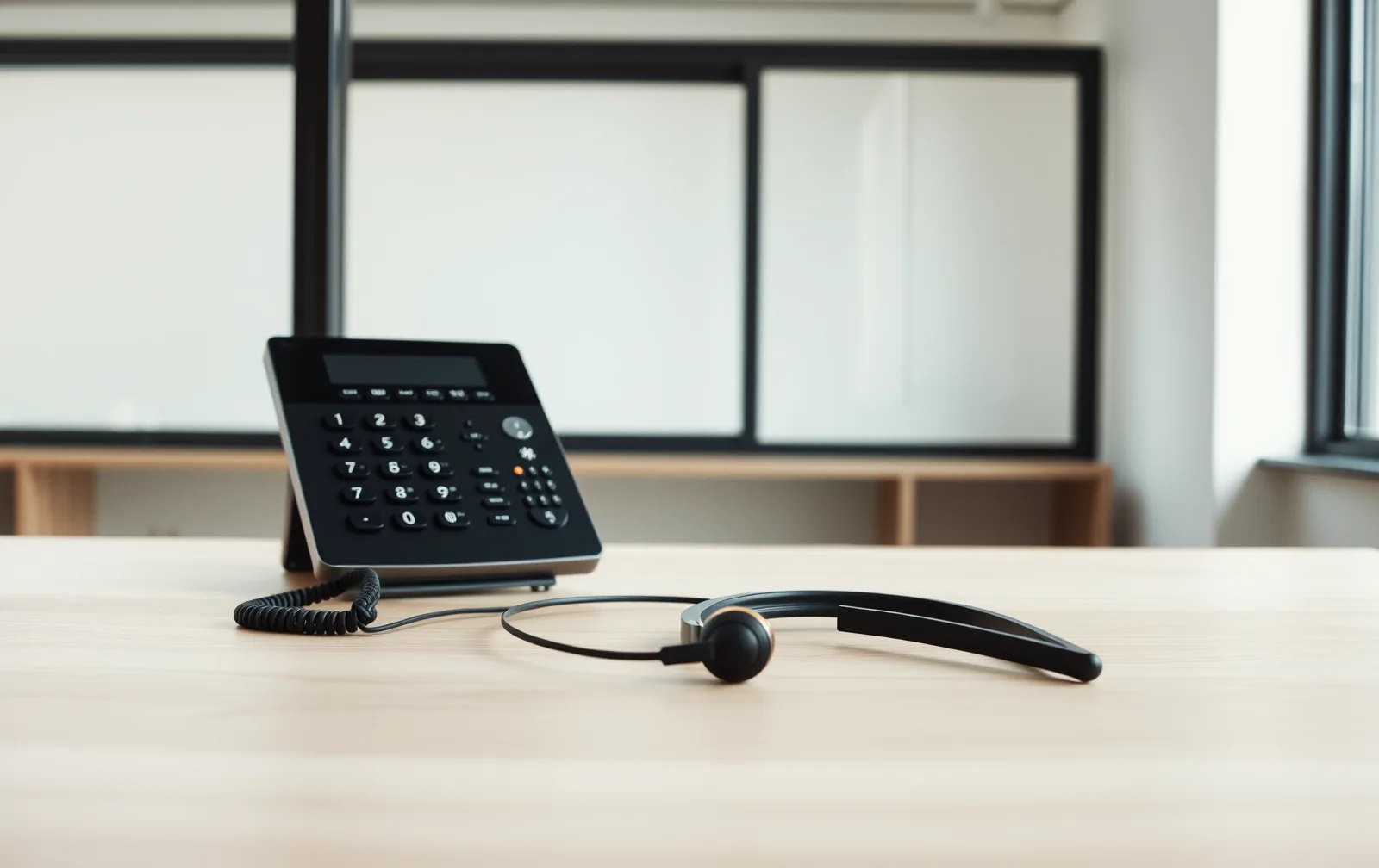 A desk phone and headset side by side, ready for the next call.