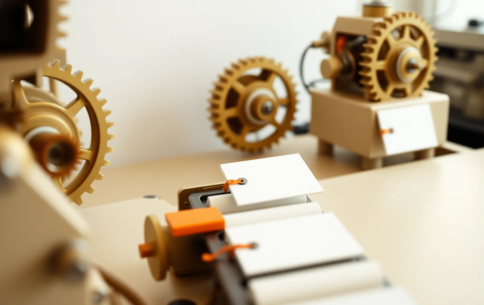 Brass gears and a conveyor mechanism linked in sequence, with a blank tag.